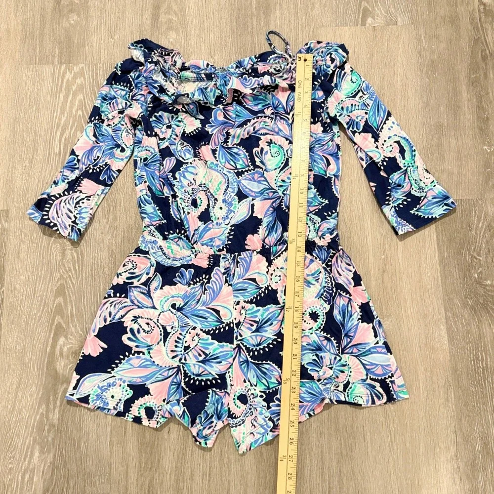 Lilly Pulitzer Girls XXL 16 Romper Navy Pink Floral Paisley Ruffle Off Shoulder